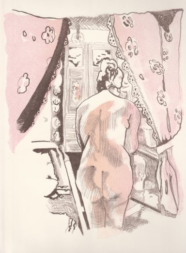 Bathing Delicate pink and brown lithograph showing a woman bathing in the cabin of a narrowboat.