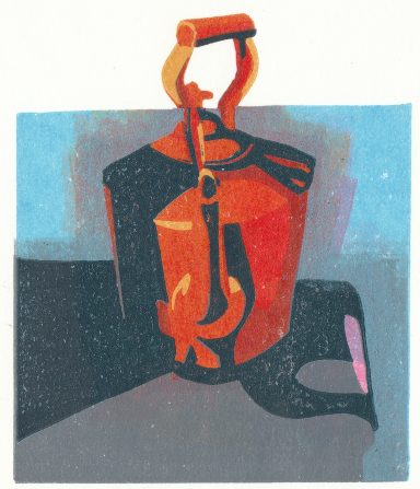 Summer Shadow Image of a colourful kettle on a boat stove in the summer sunshine. The kettle casts a long shadow across the page.