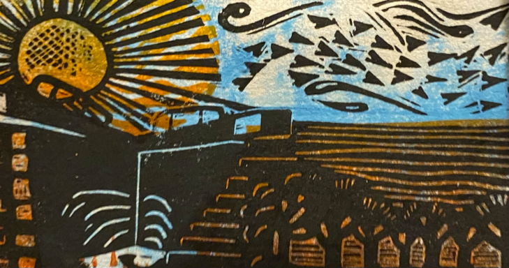 Moving Day Orange, blue and black canal stylised landscape.