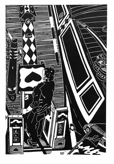 In the lock Black and white linocut showing two boats in a lock steered by a woman boater.