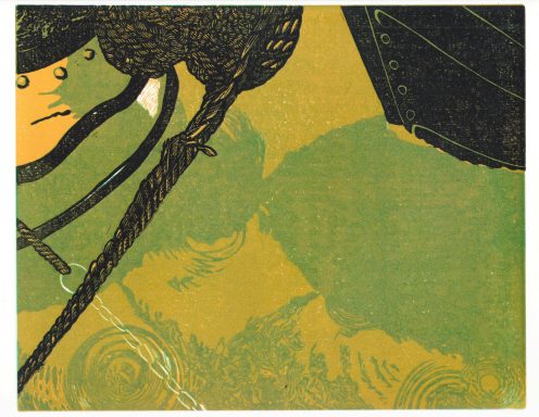 After the rain A linocut print in green and yellow tones showing the stern and bow of a pair of narrowboats reflected in the canal.